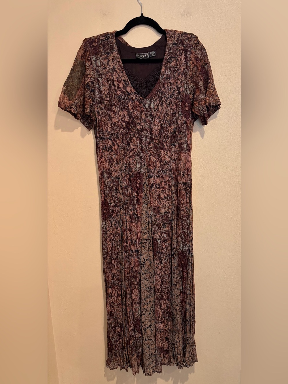 90s Office Mom Boho Mesh & Lace Maxi Dress w/ Padded Shoulders and Slim Waist - Picture 1 of 10